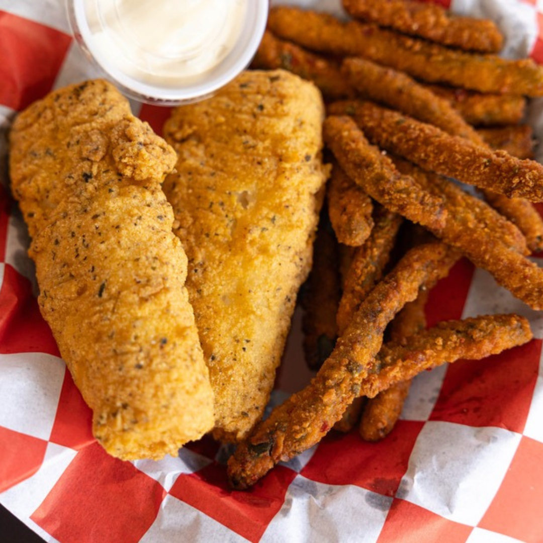 fried cod and fried pickles