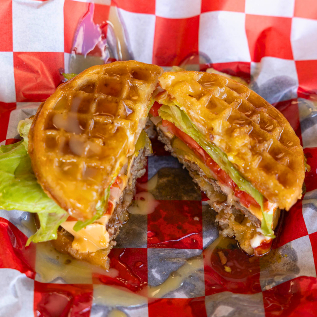 famous waffle burger with crispy homemade waffles